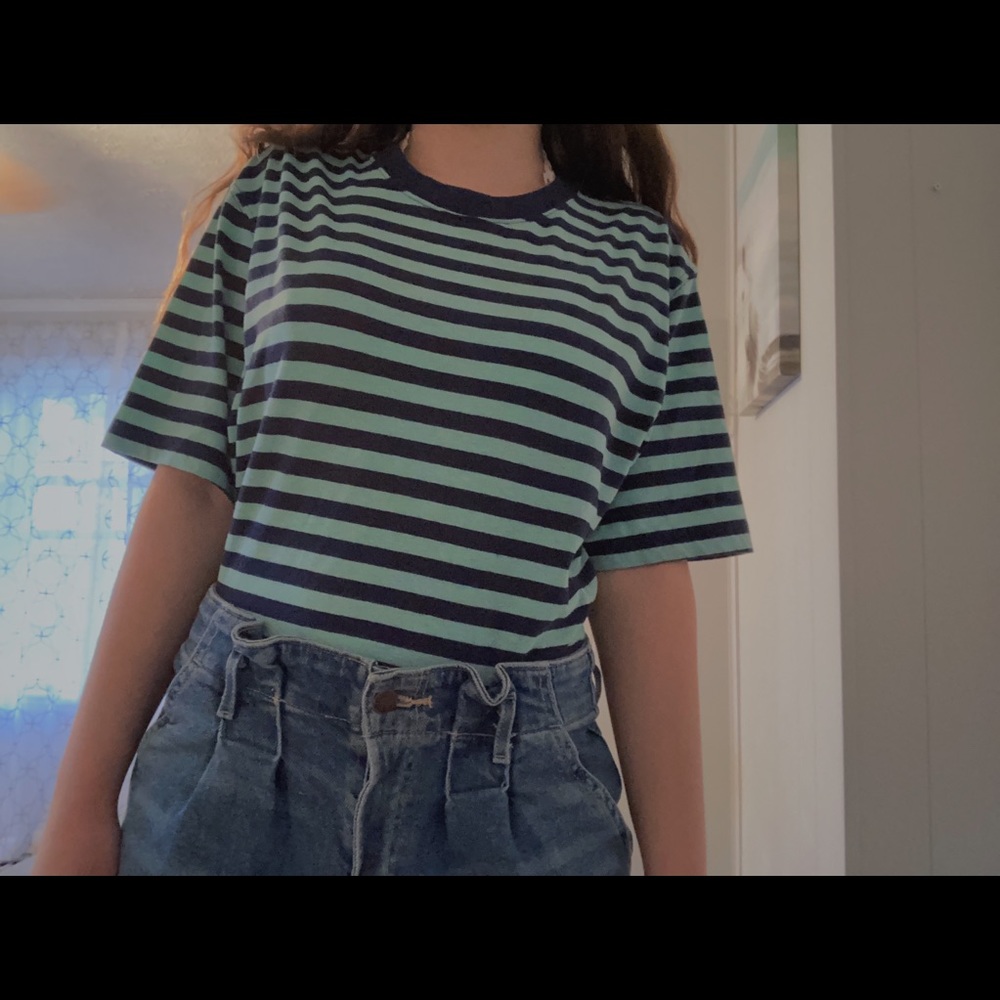 Navy blue and sea foam/mint green striped shirt